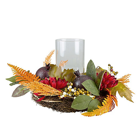 Northlight 22" Mums with Pomegranate Fall Candle Holder Centerpiece