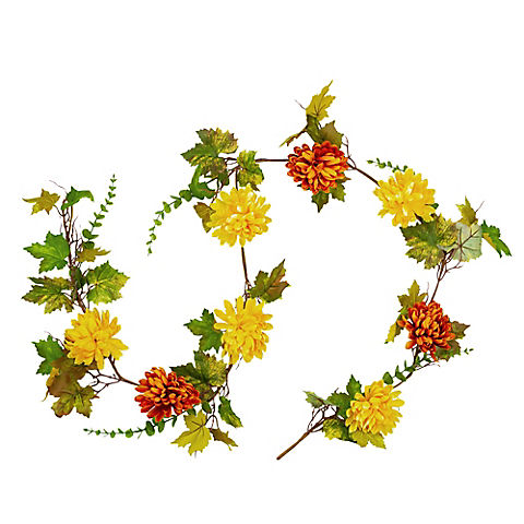Northlight 5.5' x 6" Orange and Yellow Mums Artificial Garland with Maple Leaves