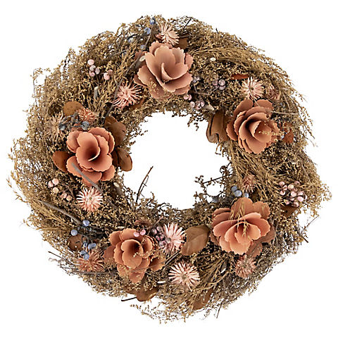 Northlight 13.75" Orange and Coral Pink Twig and Floral Autumn Harvest Wreath