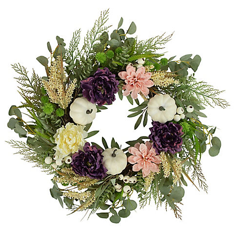 Northlight 24" Peony and Pumpkin Artificial Fall Harvest Wreath