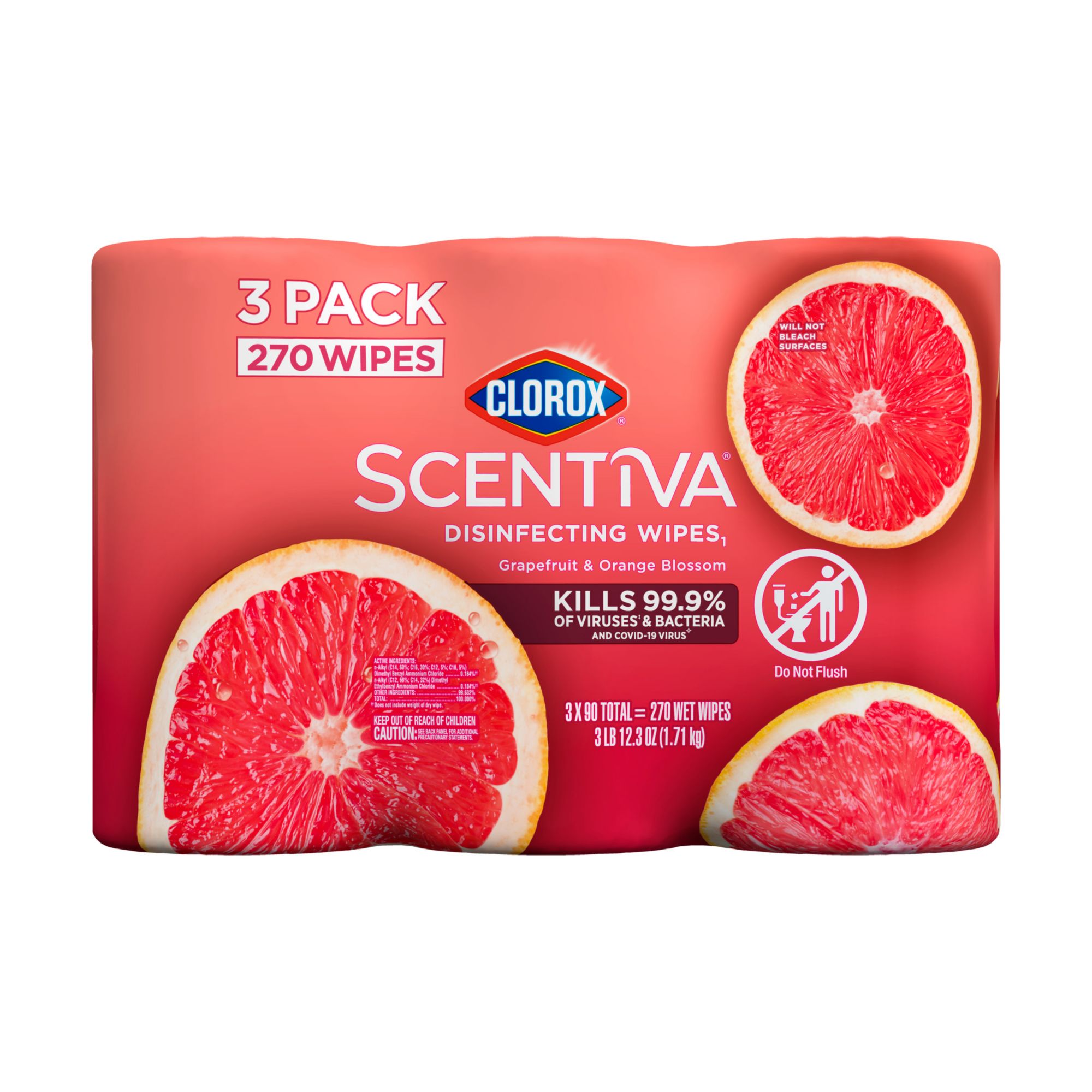 Clorox Scentiva Bleach Free Cleaning Wipes, 3 Pack/90 Ct. - Tahitian Grapefruit Splash