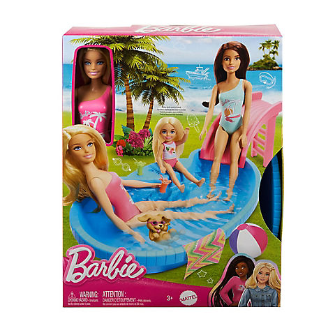 Barbie Doll and Pool Playset with Pool, Slide, Towel and Drink Accessories
