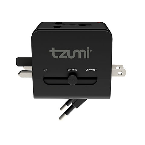 Tzumi Universal Travel Adapter with USB-C and Dual USB-A Ports - Black