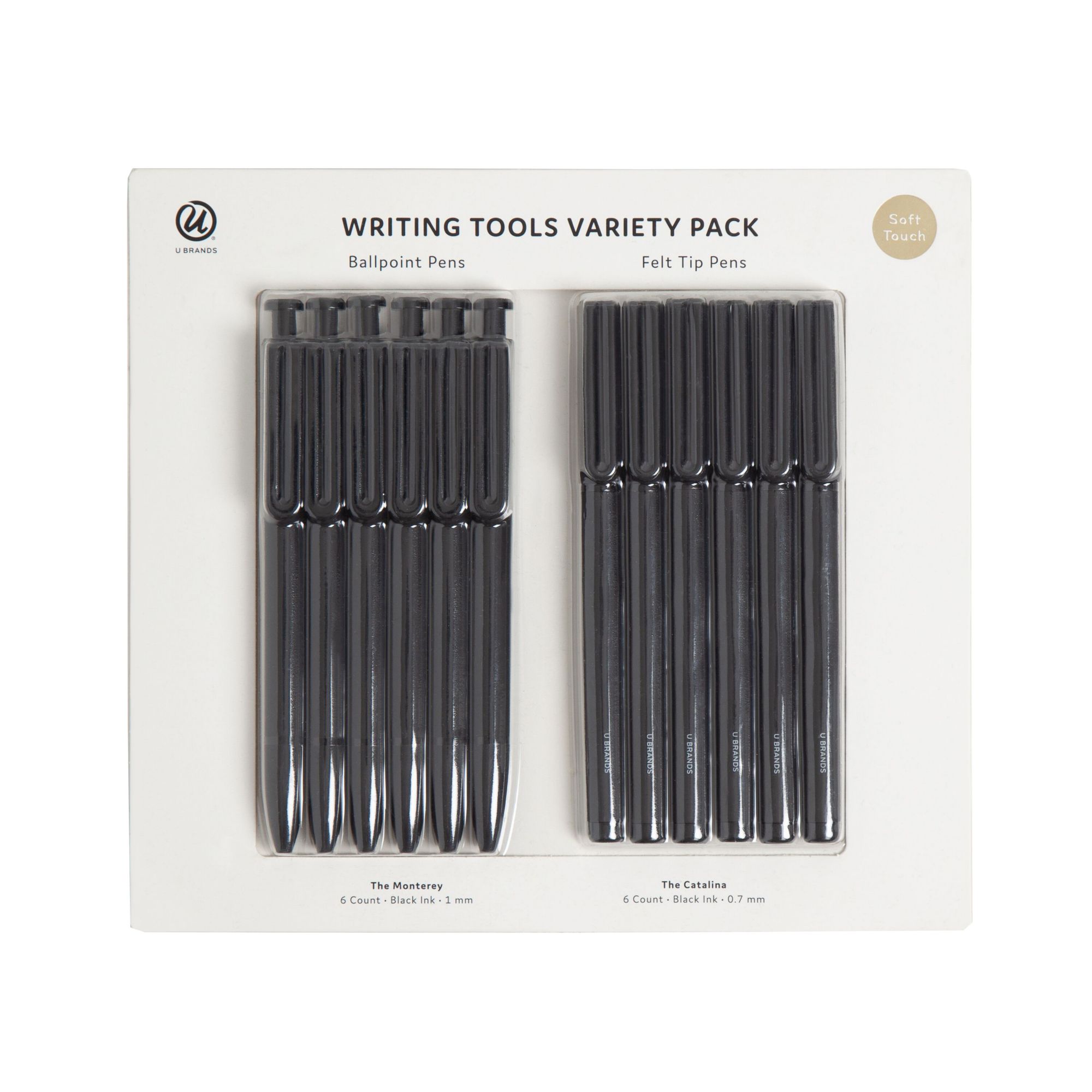U Brands Monterey Ballpoint and Catalina Felt Tip Pens, 12 Pack, Black, 9.2L x 8.6W x .8H