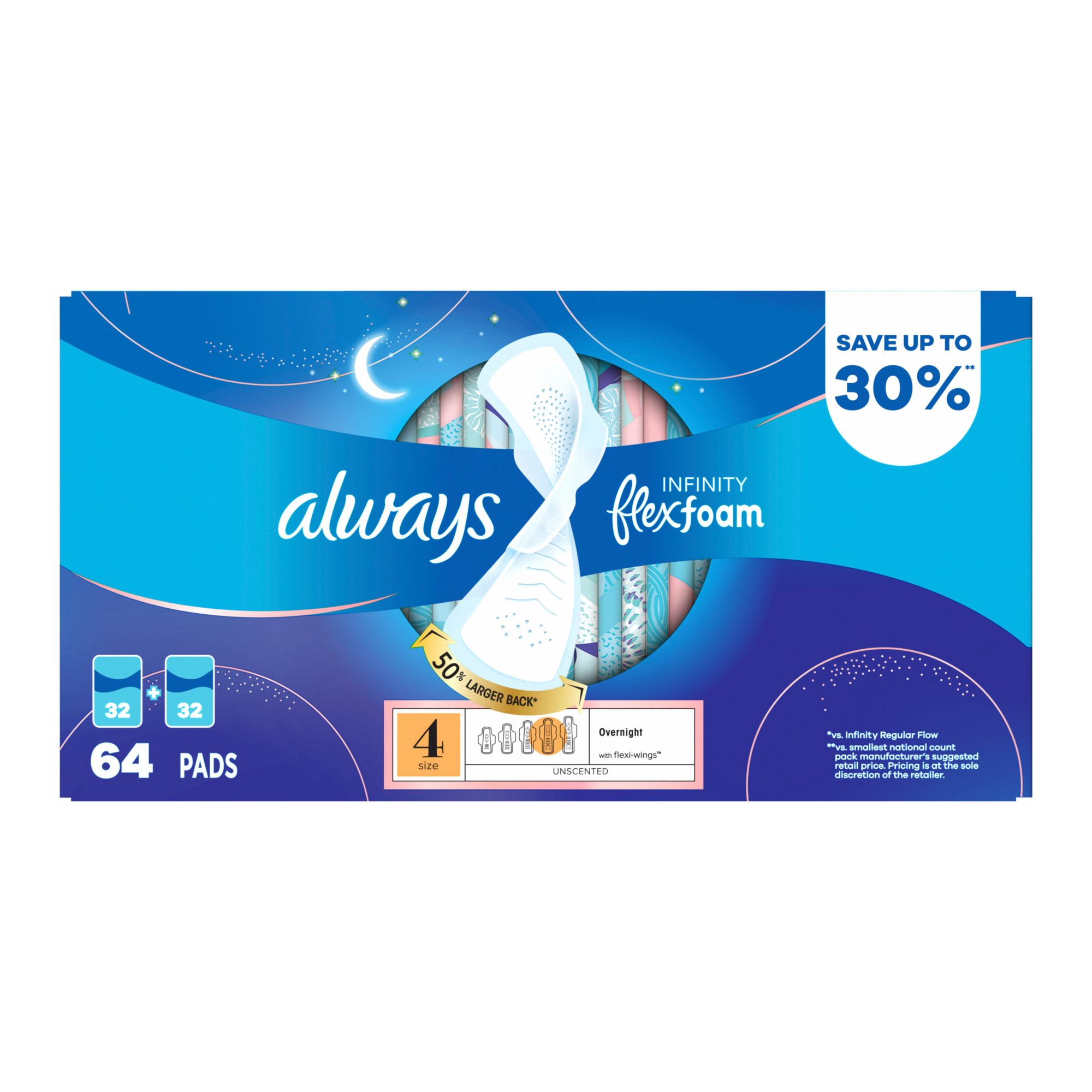 Always Infinity FlexFoam Size 4 Overnight Pads with Wings, 64 ct. -  Unscented