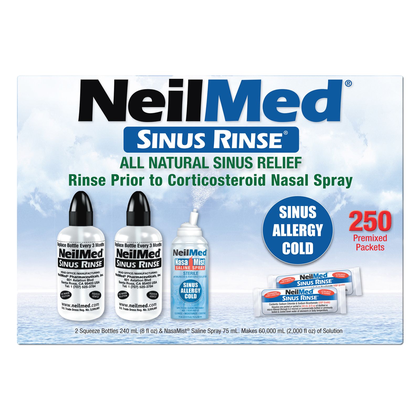 NeilMed Sinus Rinse - 2 squeeze Bottles 240mL (8fl oz) & Nasamist Saline  Spray 75mL - 250 Premixed Packets - BONUS Nasa Mist Saline Spray - Value  Pack