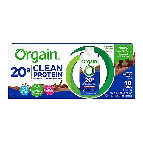 Orgain 20g Grass Fed Clean Protein Shake - Creamy Chocolate Fudge, 18 ct./11 oz.