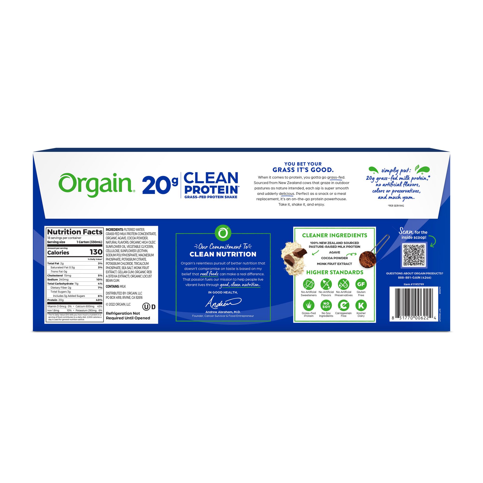 Orgain 20g Grass Fed Clean Protein Shake, Creamy Chocolate Fudge, 18 ct./11  oz.