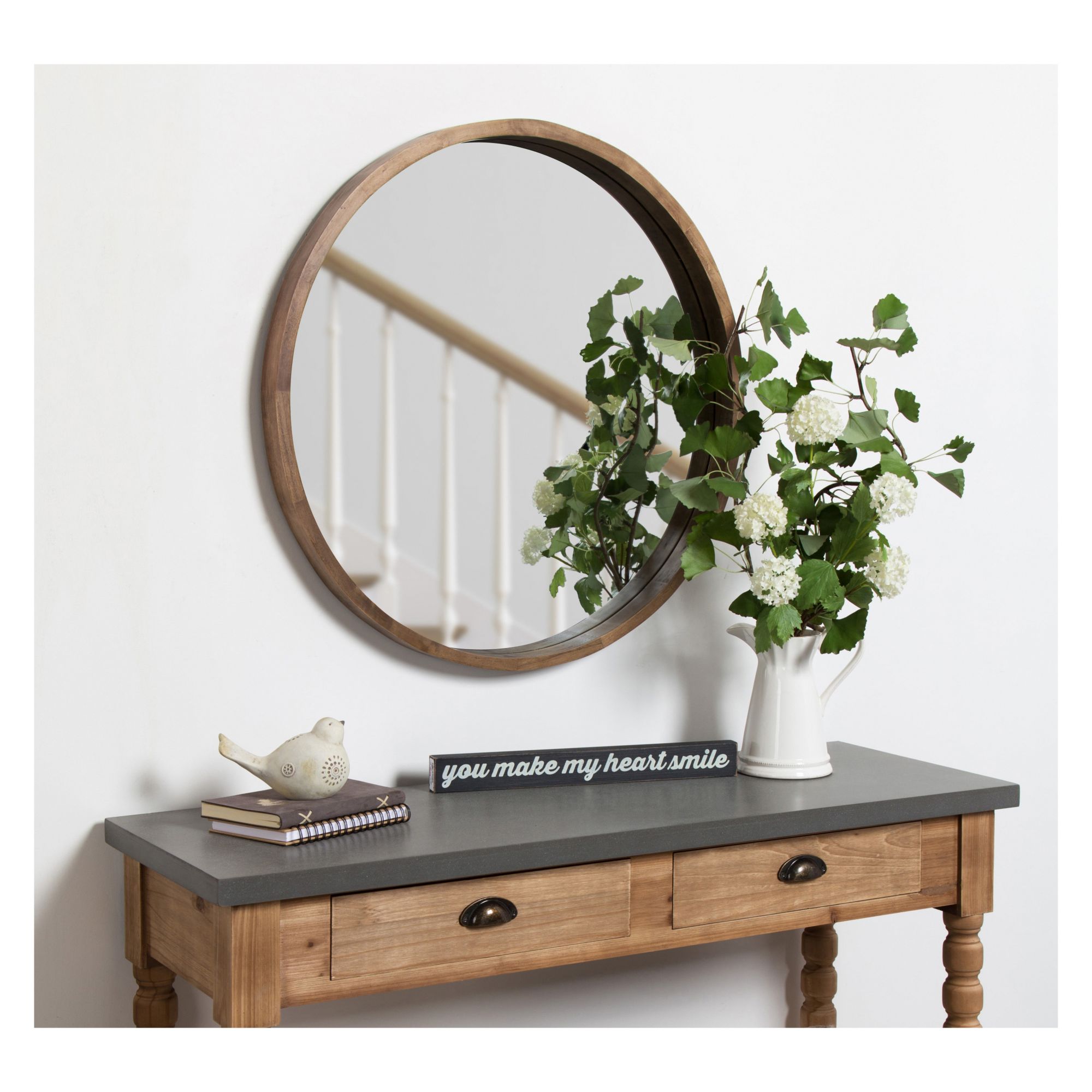 Kate and Laurel Hutton Round Decorative Wood Frame Wall Mirror, Natural