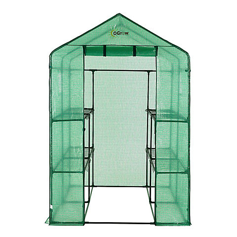 Machrus Ogrow Deluxe Walk-In Greenhouse with 2 Tiers and 8 Shelves - Green Civer