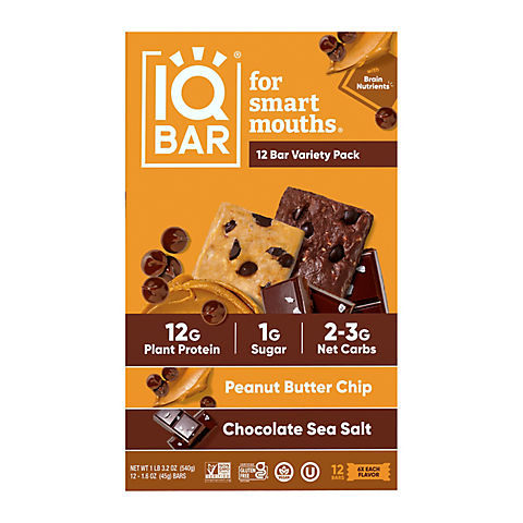 IQBAR Plant Protein Bars Chocolate Sea Salt Peanut and Butter Chip Variety Pack, 12 ct./1.6 oz.