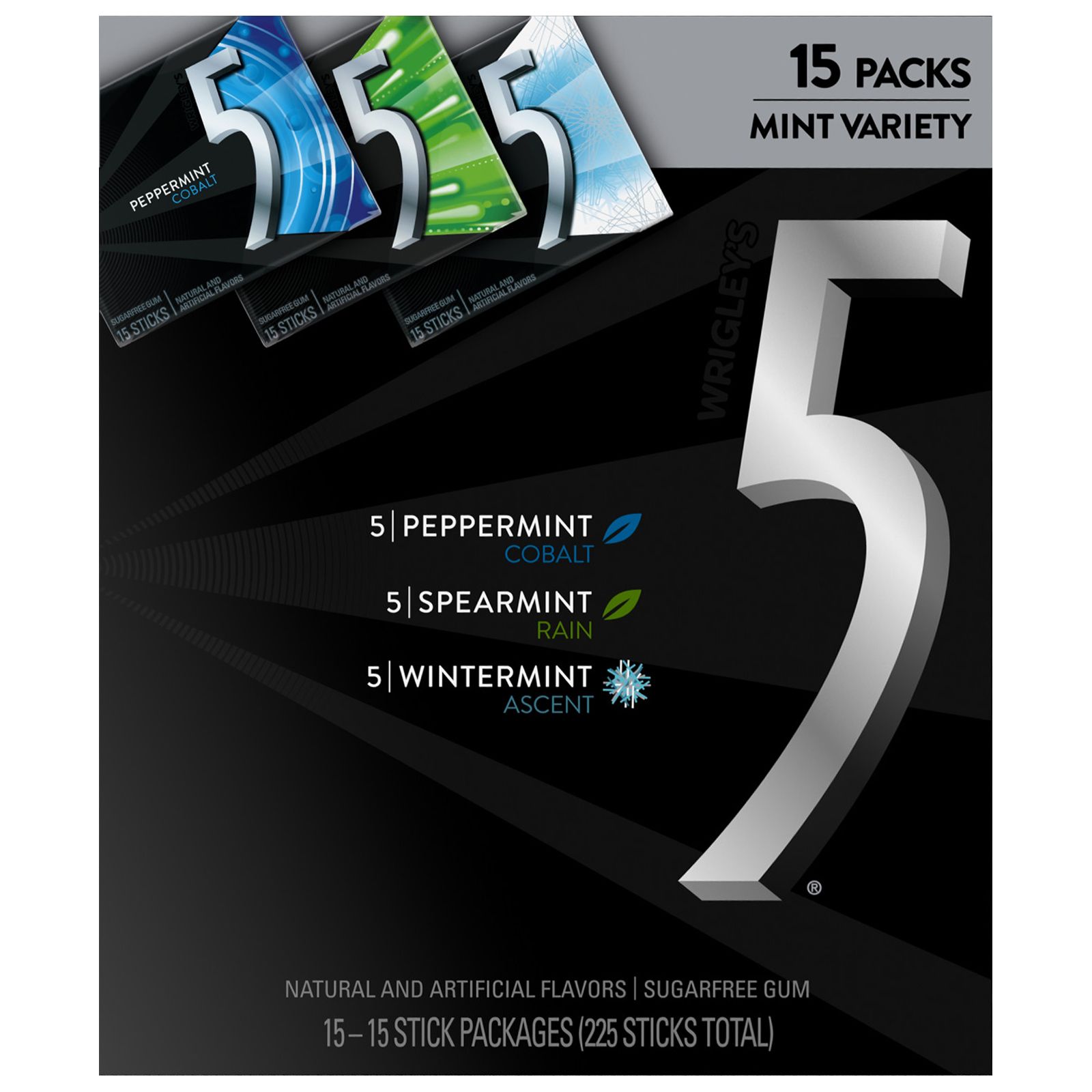 5 GUM Spearmint Rain Sugar Free Chewing Gum, 15 pieces (3 Pack)