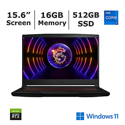 MSI Thin GF63 15.6" Gaming Laptop, Intel Core i7 Processor, 16GB RAM, 512GB SDD, RTX 4060 Graphics - Black