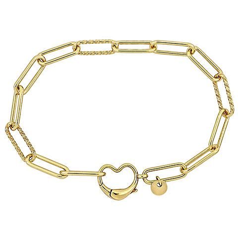 Heart Charm Paper Clip Link Bracelet in Yellow Plated Sterling Silver - 7"