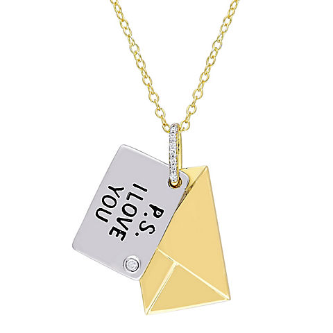 Diamond Accent Letter Envelope "I Love You" Charm Necklace in Yellow Plated Sterling Silver
