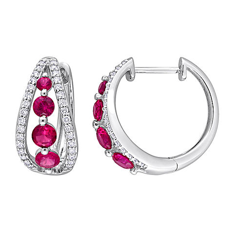 1.75 ct. t.g.w Created Ruby and .50 ct. t.w. Lab Grown Diamond Hoop Earrings in 14k White Gold