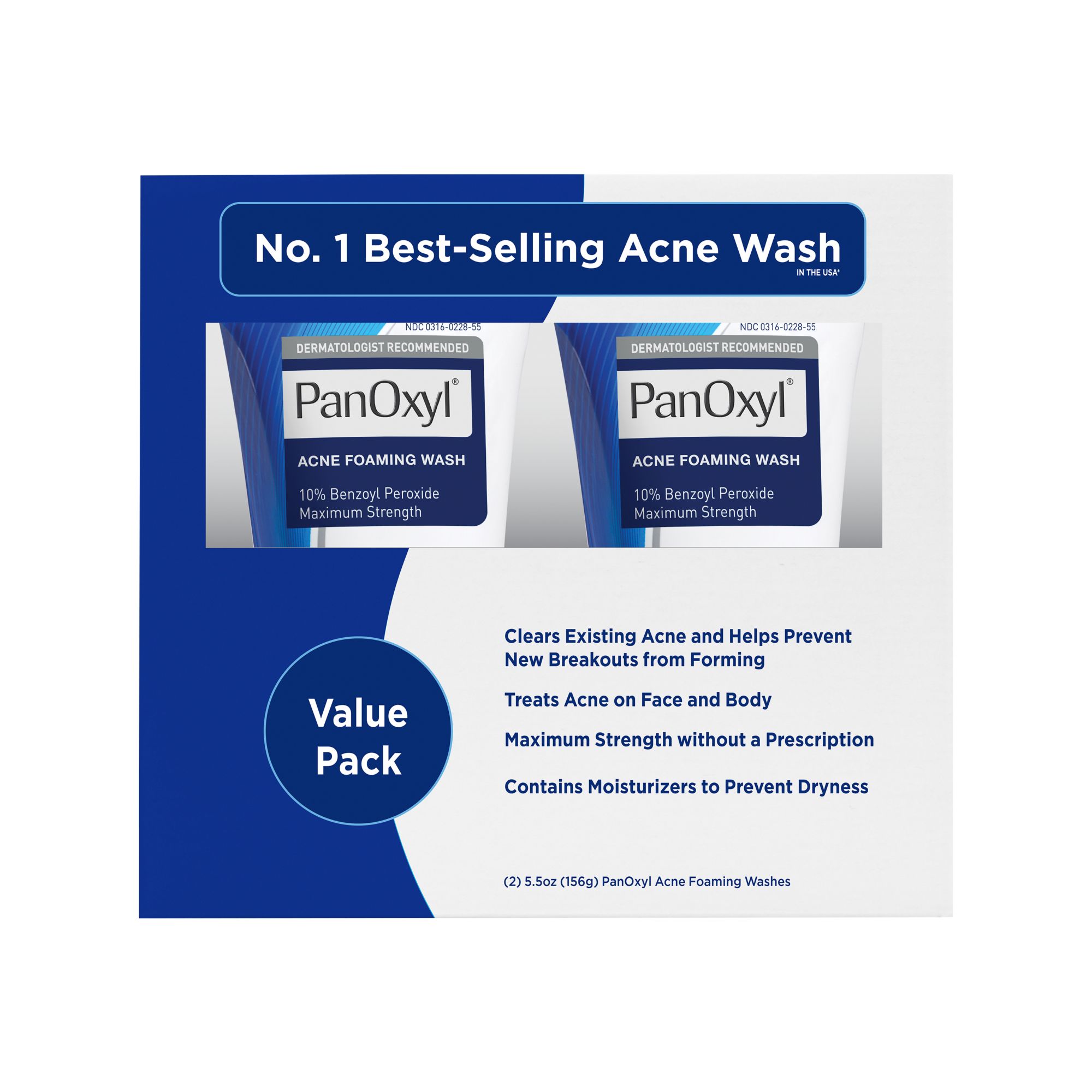 Panoxyl Acne Foaming Wash 10% Benzoyl Peroxide, Maximum Strength, 2 pk./5.5  oz.