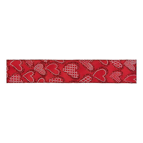 Northlight Valentine's Day Wired Craft Ribbon, 10 Yards - Red and White Glitter Hearts