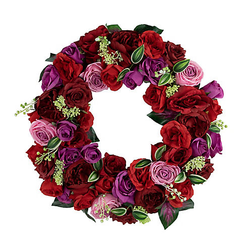 Mixed Rose Artificial Spring Floral Wreath, 24"