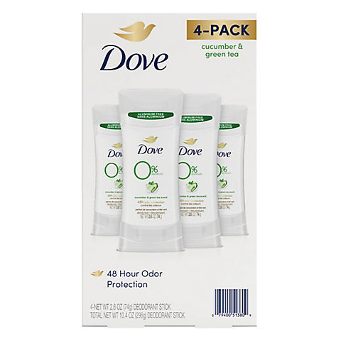 Dove 0% Aluminum Deodorant Stick - Cucumber and Green Tea, 4 pk./2.6 oz.