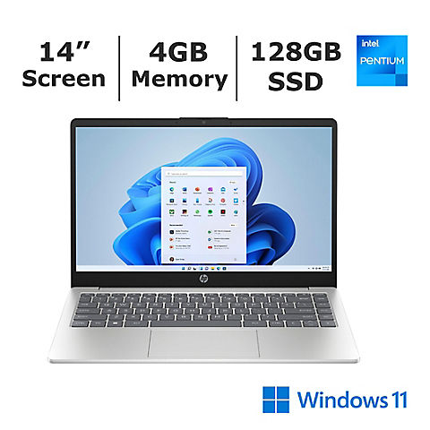 HP 14" Pentium N200 Laptop, 128GB SSD, 4GB Memory, Microsoft 365 Personal 1-Year Subscription - Silver