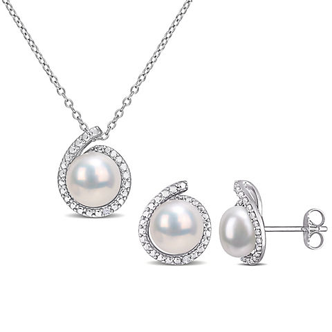 2-Pc. Set Cultured Freshwater Pearl and Diamond Accent Halo Stud Earrings and Necklace in Sterling Silver