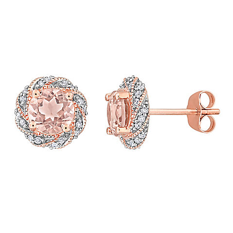 1.75 ct. TGW Morganite and .2 ct. TW Diamond Swirl Stud Earrings in 14k Rose Gold