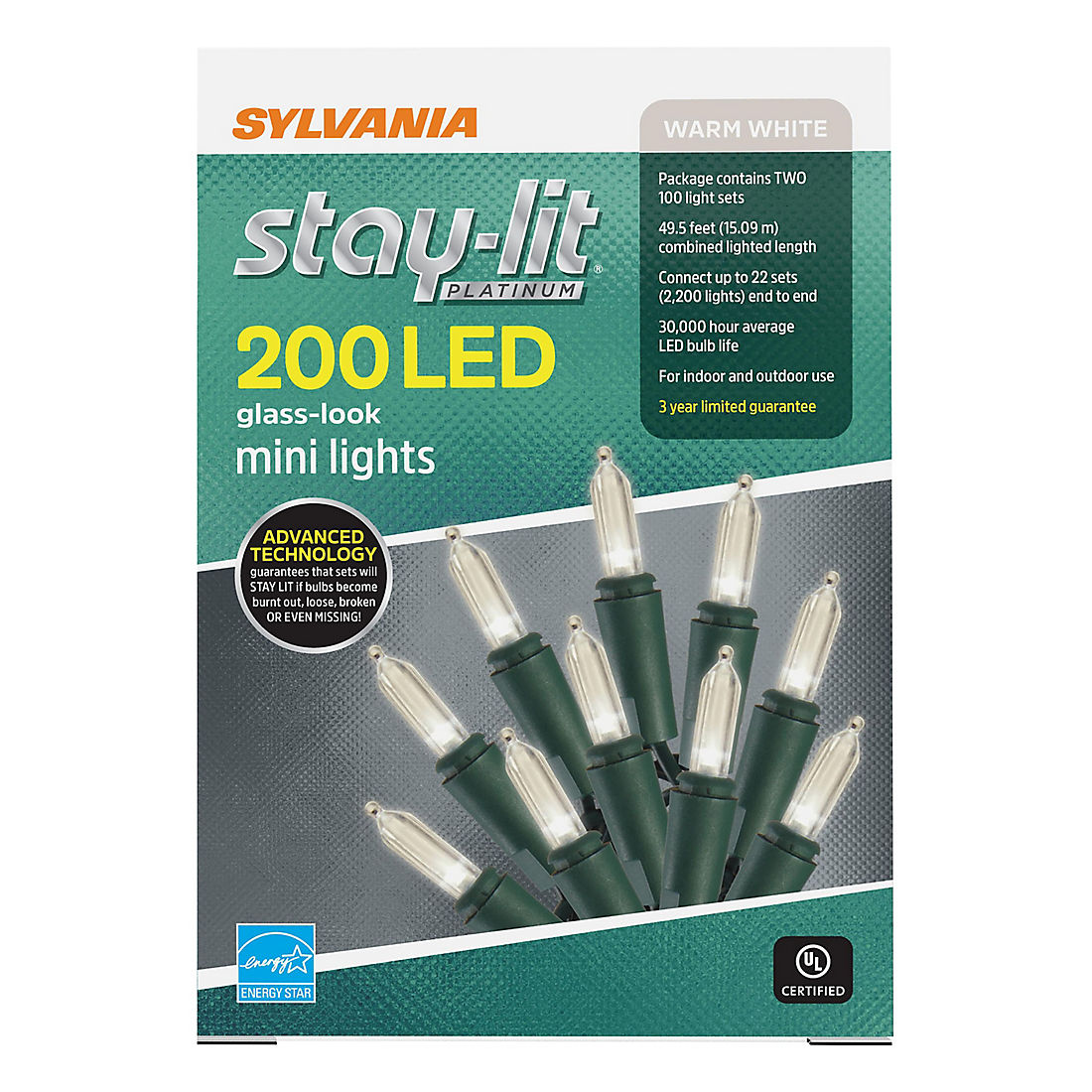 Sylvania Stay Lit Platinum 200 Led Glass Look Mini Lights