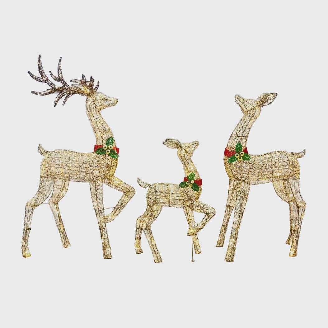 Berkley Jensen Set of 3 Pre-lit Gold Deer with Bells