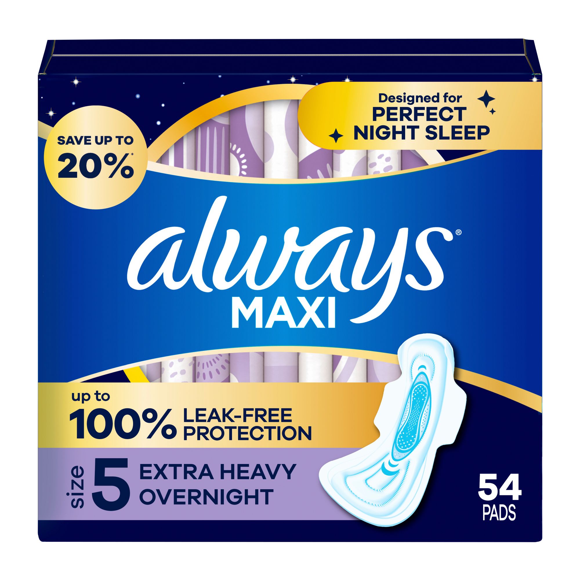 Always Maxi Extra Heavy With Wings Overnight Pads, 20 Count (Pack of 2)