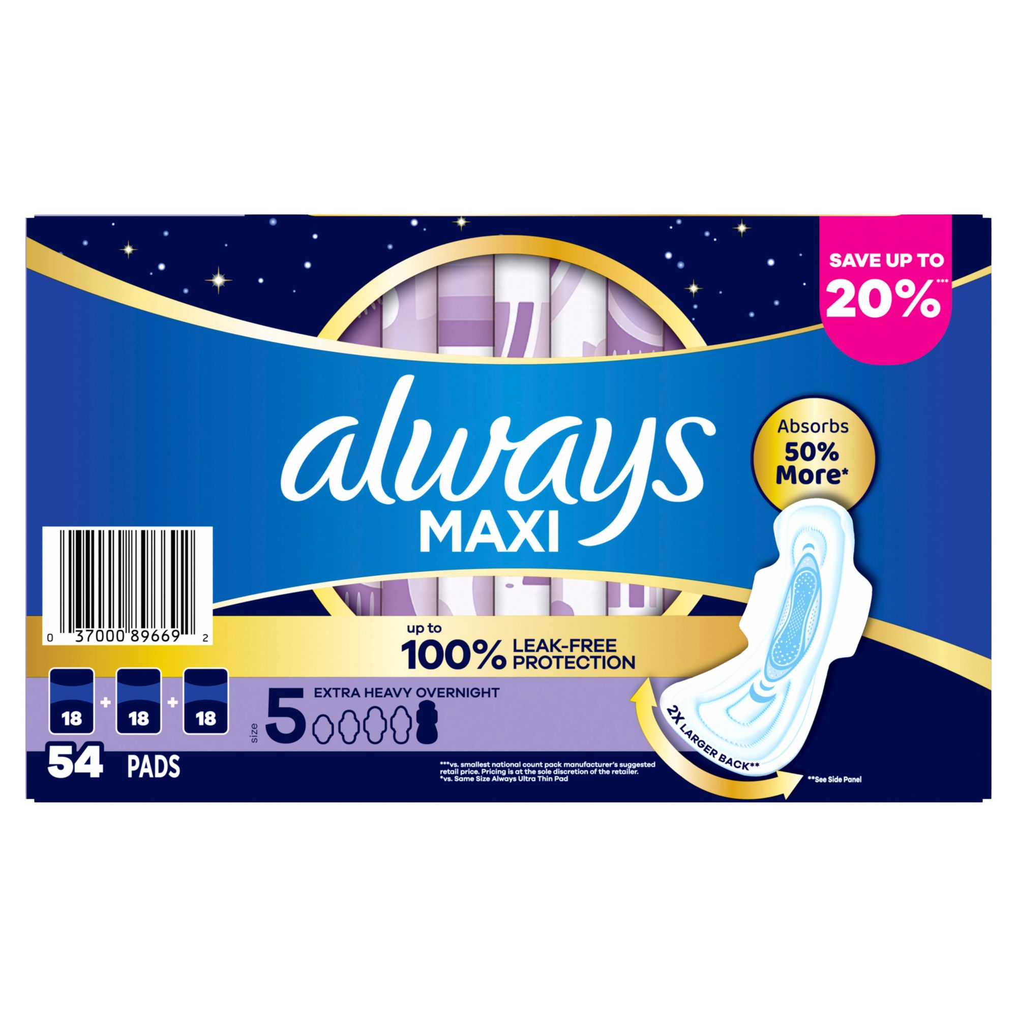 Always Pads, Maxi, Flexi-Wings, Extra Heavy Overnight - 54 pads