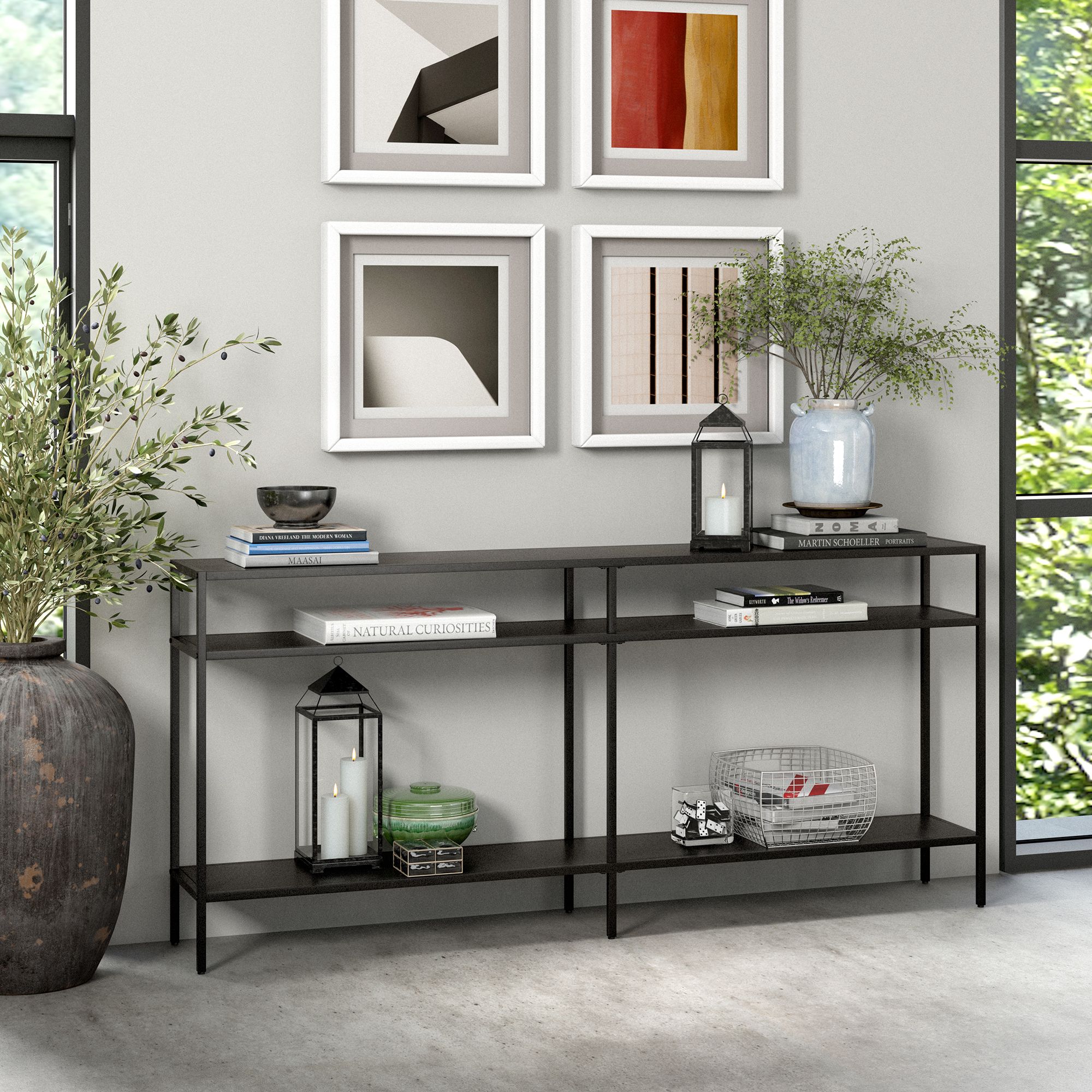 Sivil 64" Wide Rectangular Console Table with Metal Shelves - Blackened Bronze