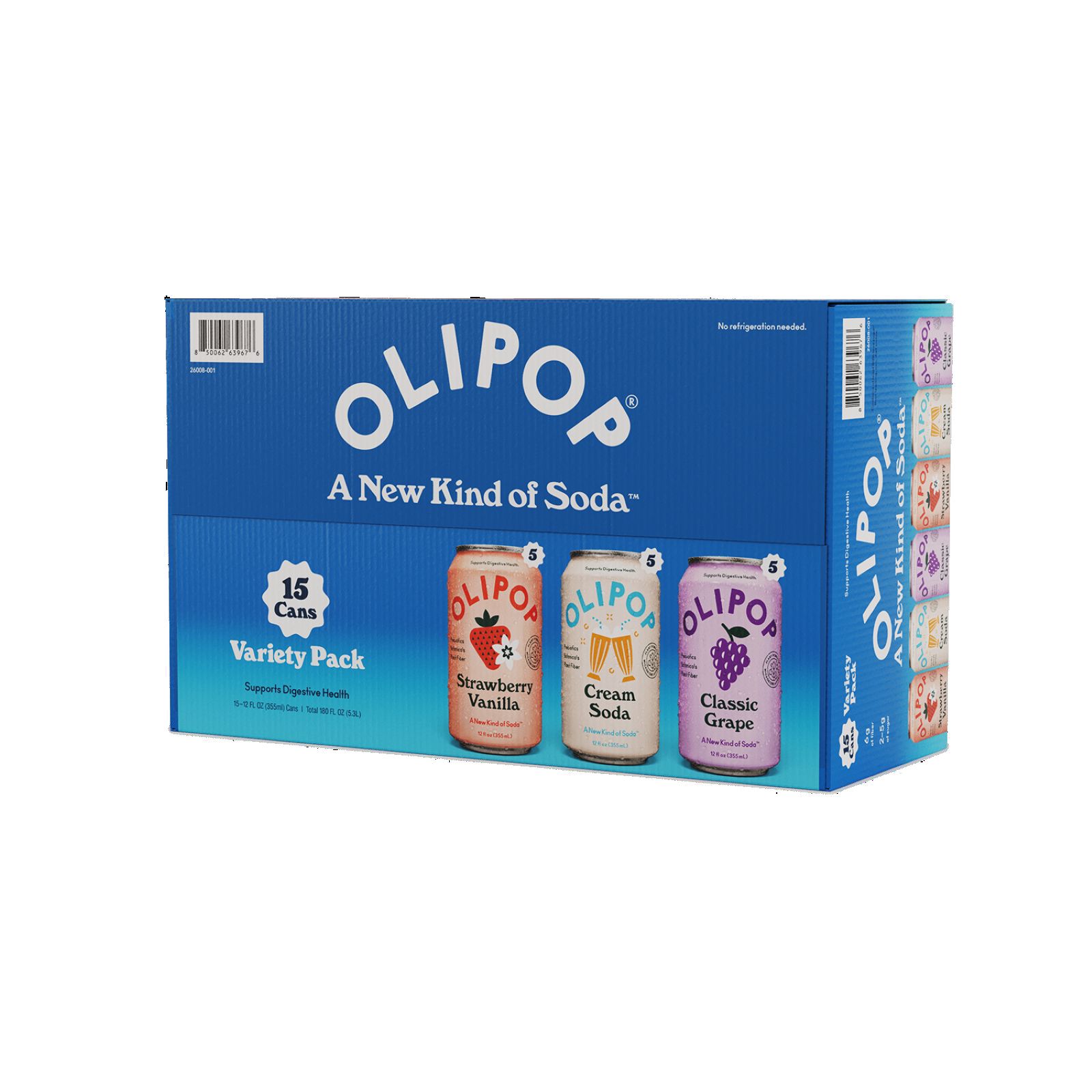 Olipop Prebiotic Soda Variety Pack, Strawberry Vanilla, Cream Soda, Classic Grape, 15 pk./12 fl. oz.