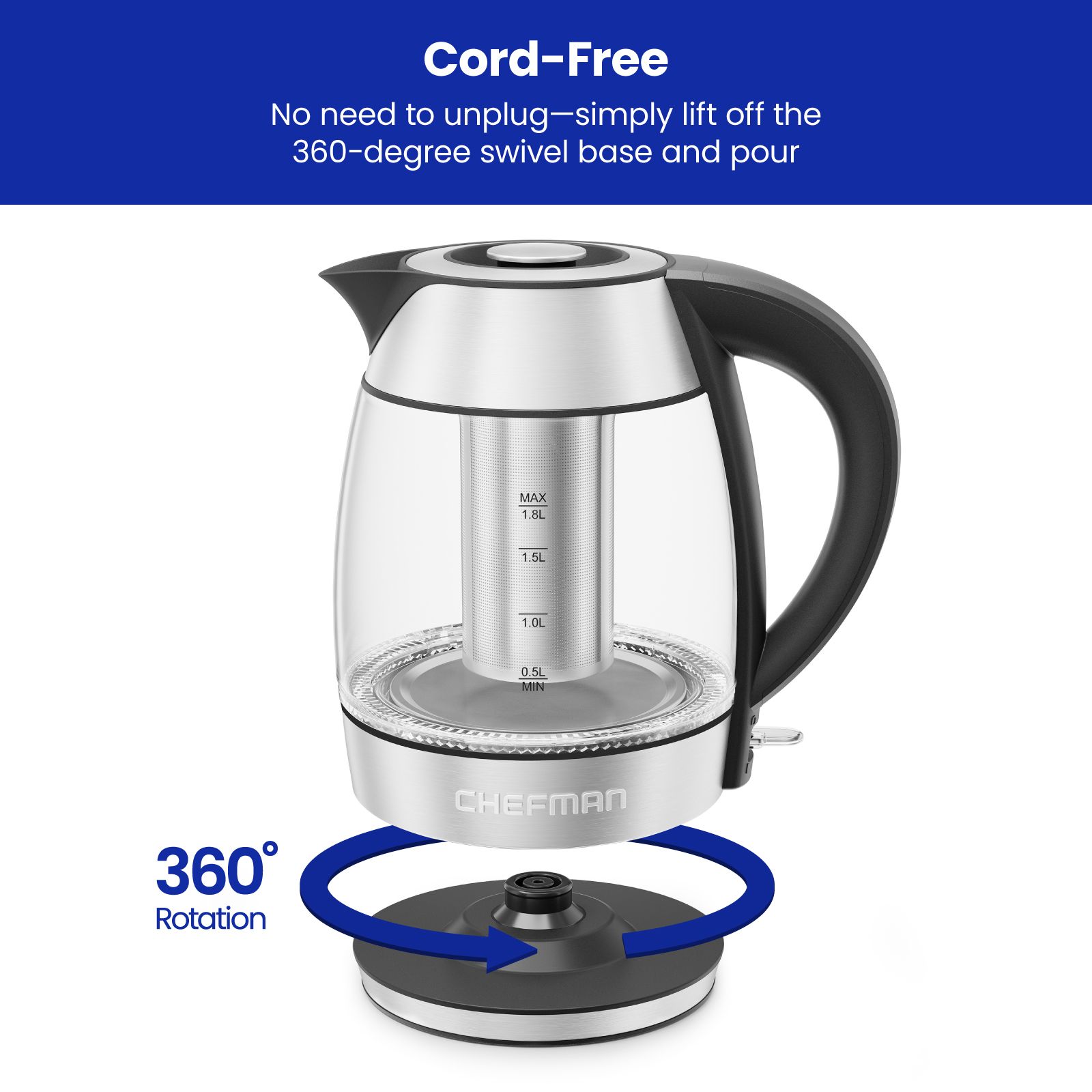 Chefman Rapid-Boil 1.8L Electric Tea Kettle with Tea Infuser