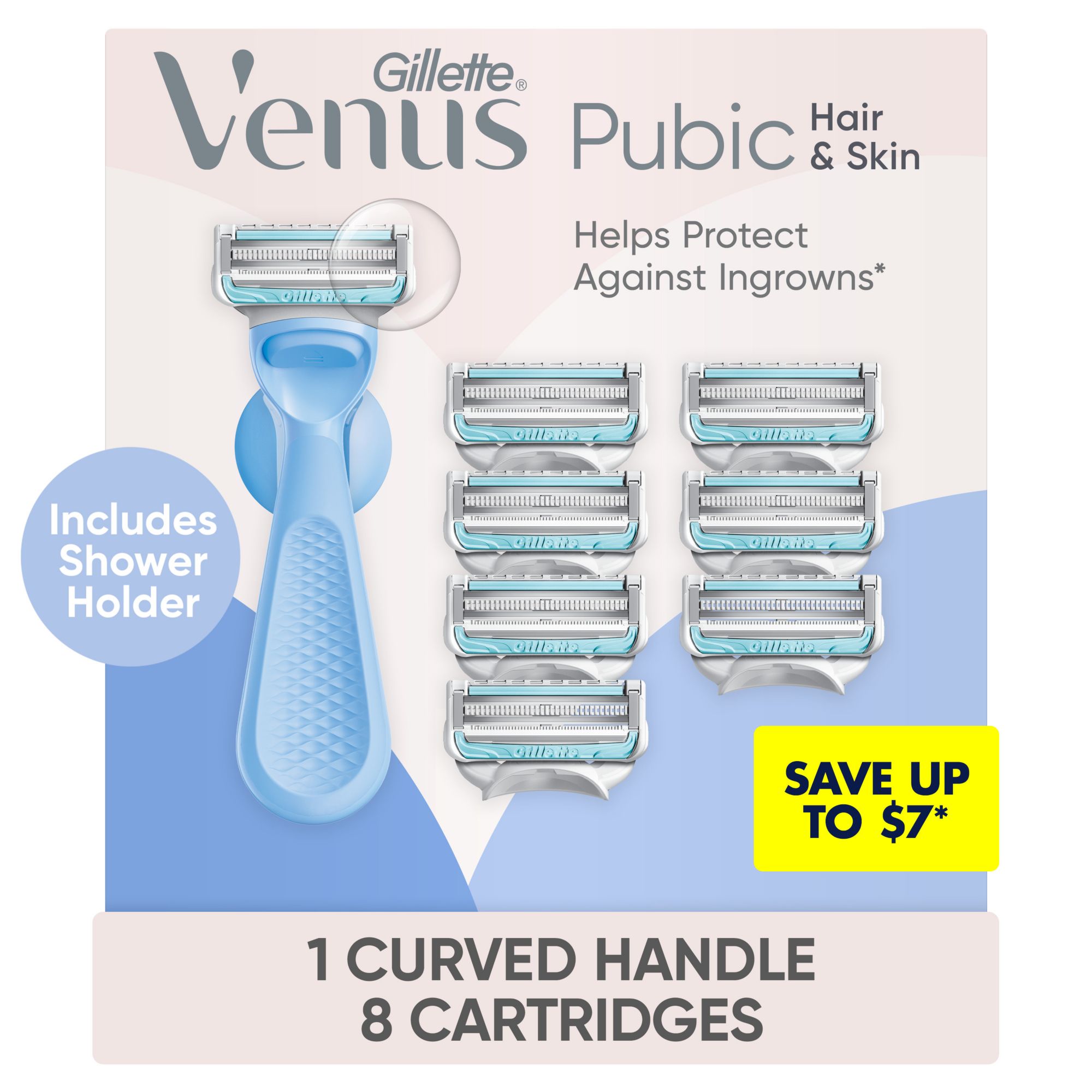 Gillette Venus Pubic Hair & Skin Bikini Razor for Women, Metal Handle, 5-Blades, 1 Handle + 8 Refills