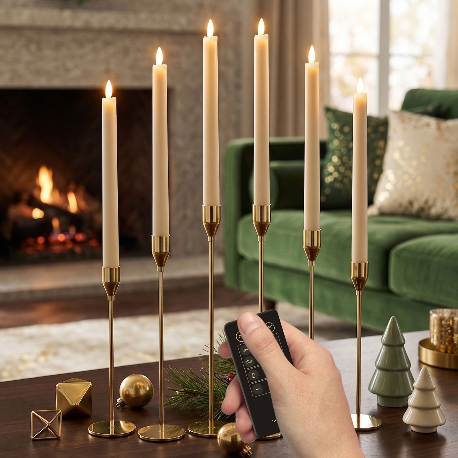 Lumipur Premium Wax LED Taper Candle Set with Brass Holders & Wireless Remote