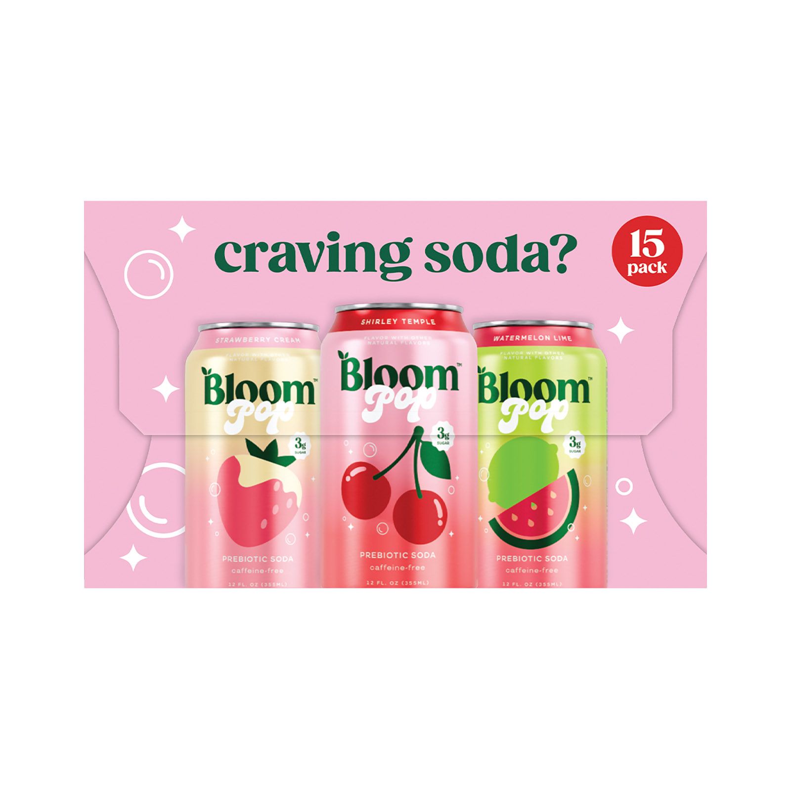 Bloom Prebiotic Soda Variety Pack, Shirley Temple, Strawberry Cream, Watermelon Lime, 15 pk./12 fl. oz.