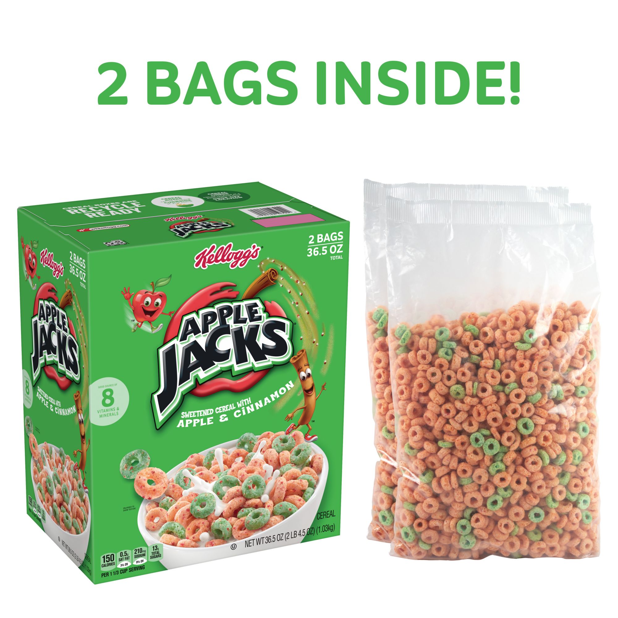 Kellogg's Apple Jacks Cereal, Good Source of Fiber, 2 pk./18.25 oz.