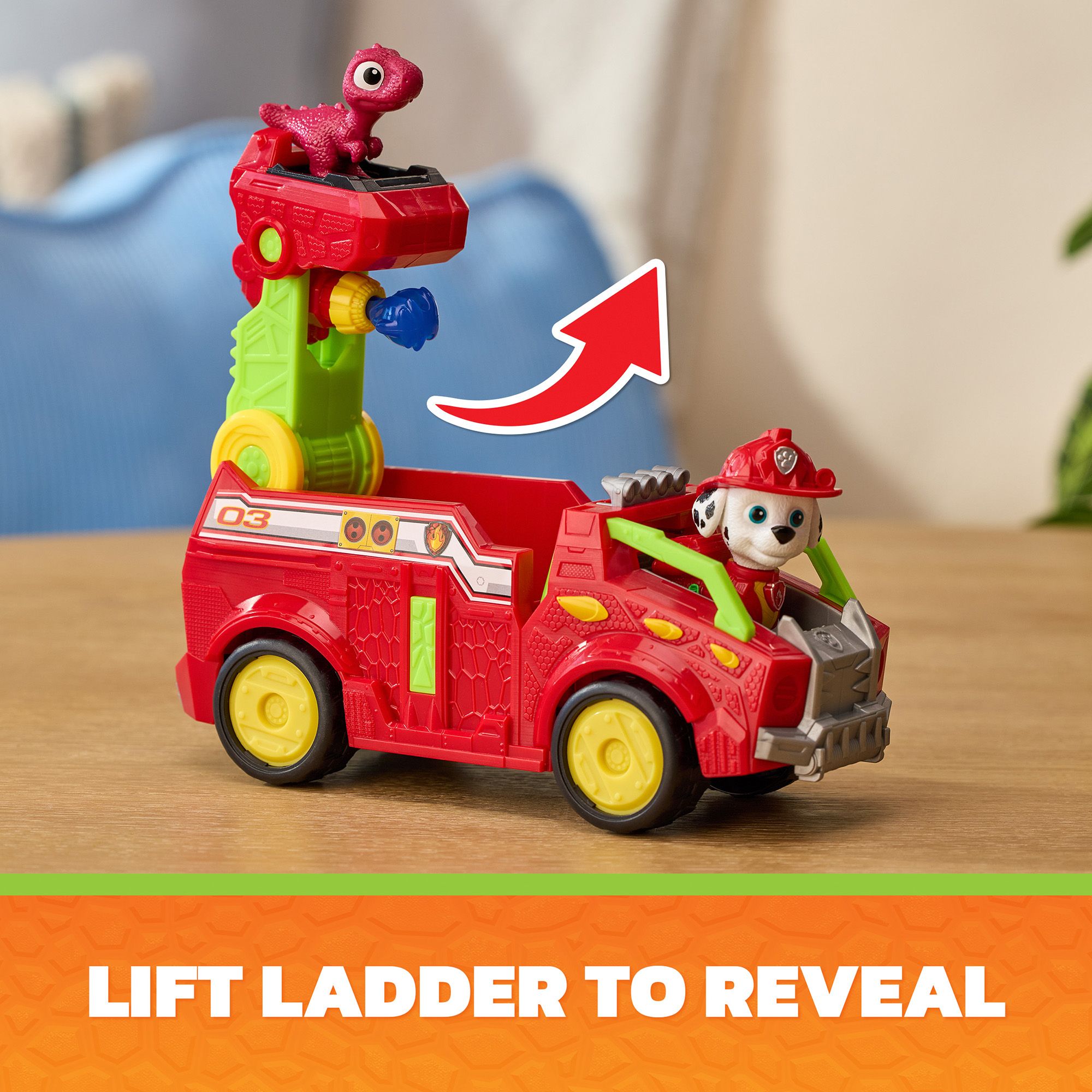 PAW Patrol: The Dino Movie, Marshall Dino Rescue Firetruck with 360° Spinning Projectile Launcher