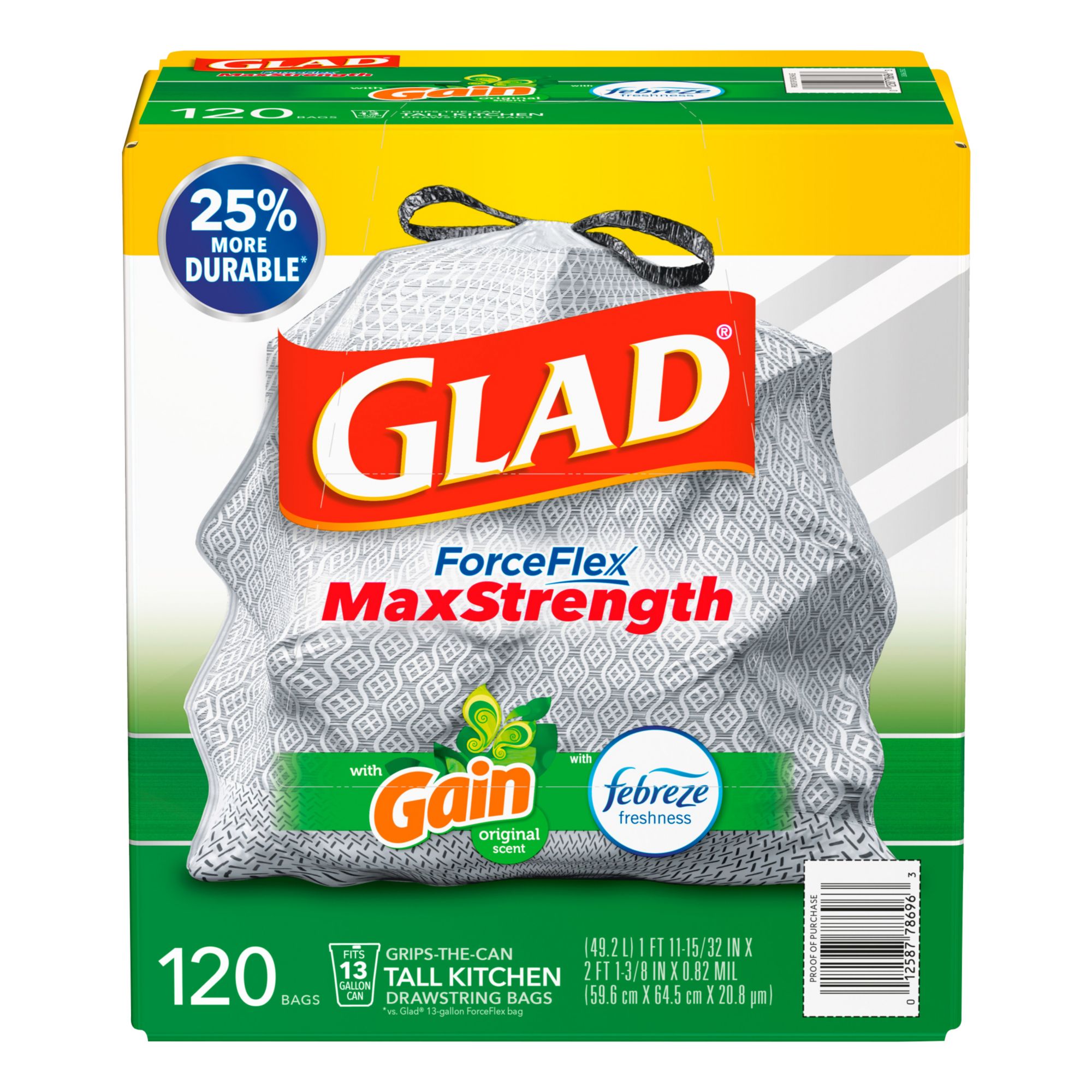 Glad ForceFlex Tall Kitchen Drawstring Trash Bags with Gain Original Scent & Febreze Freshness - White - 13 Gallon - 150 ct