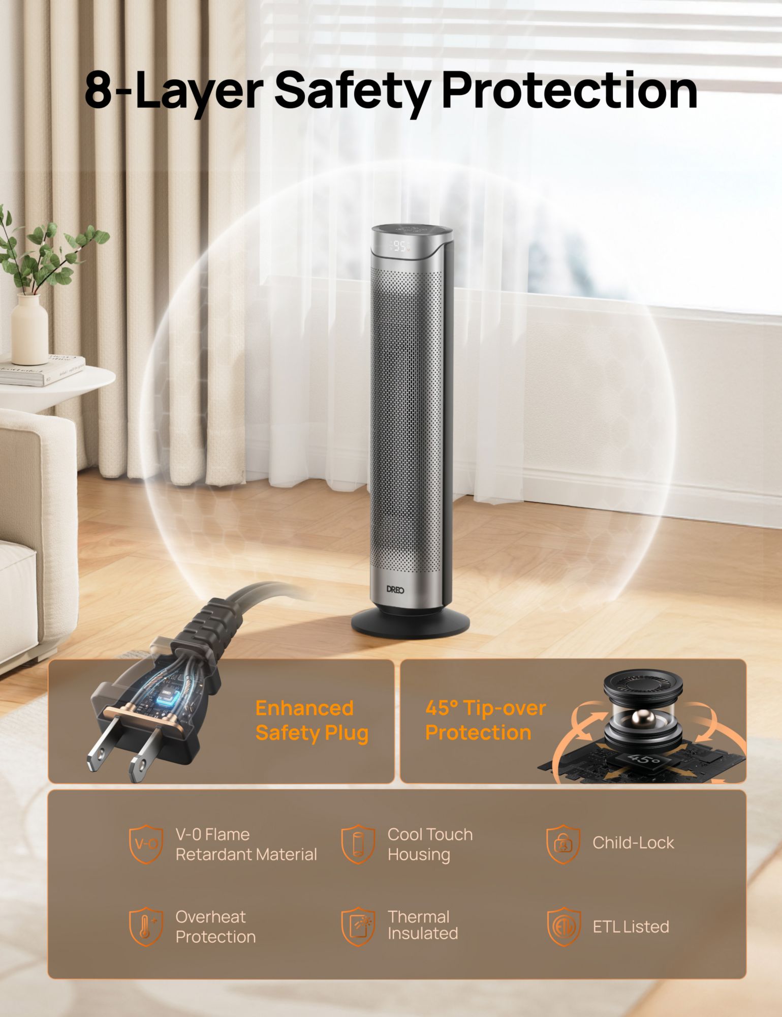 DREO Portable Indoor Ceramic Convection Electric Space Heater with Remote, 5 Modes, 3-Heat Level in Black