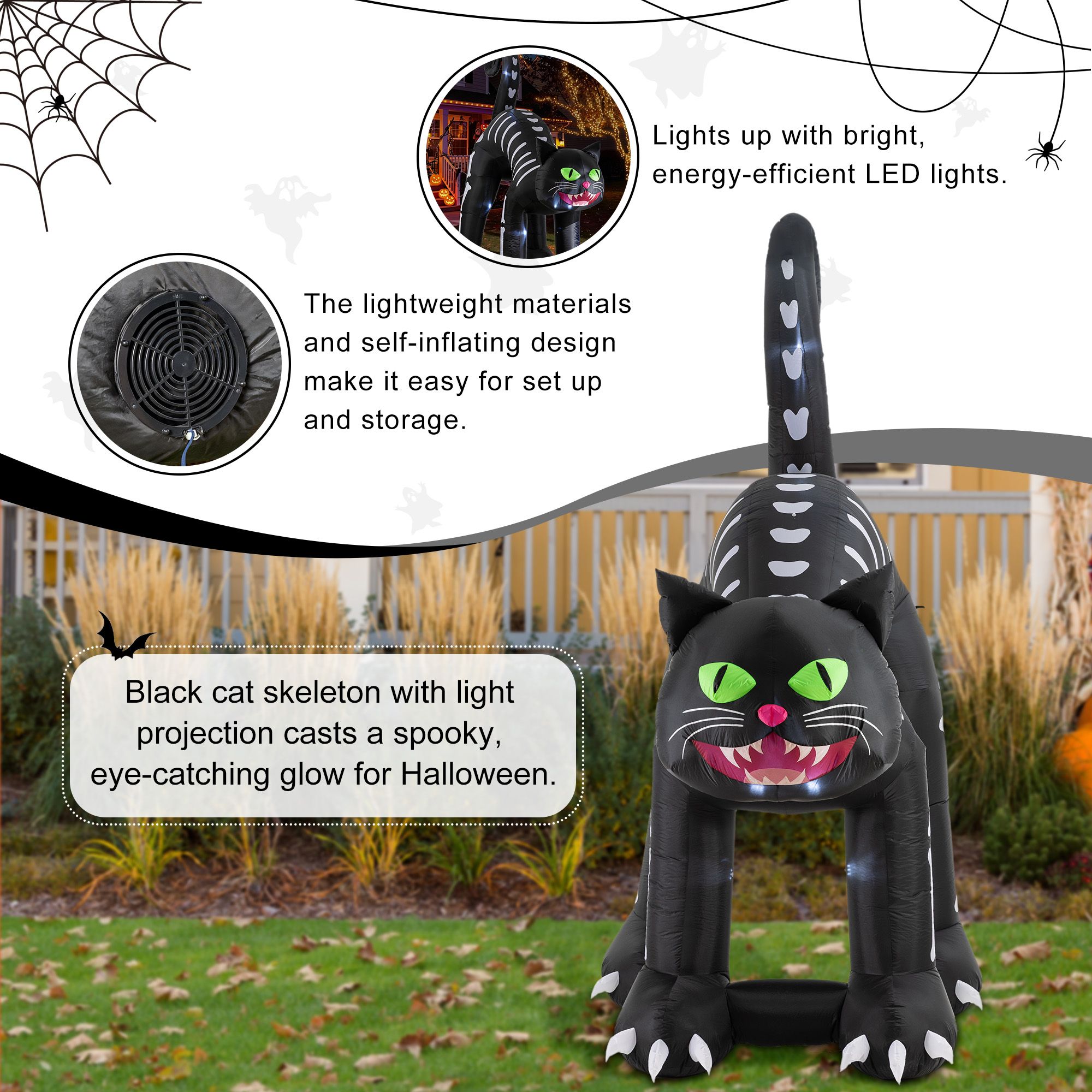 Glitzhome Lighted Inflatable Giant Skeleton Cat Decor, 11'