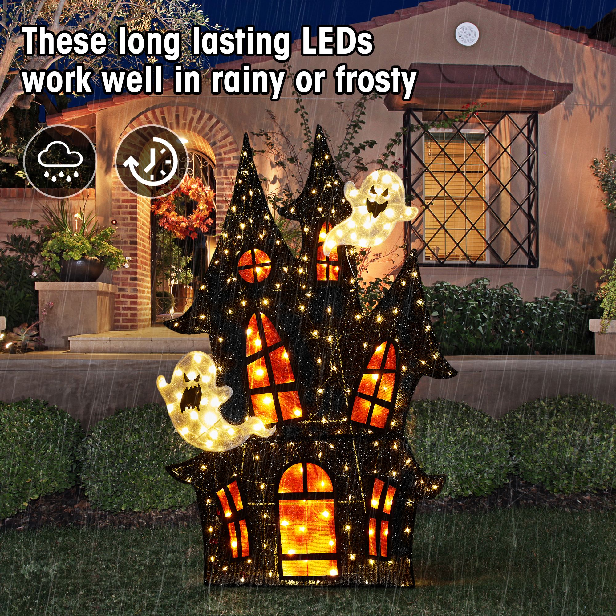Glitzhome Lighted Halloween 2D Haunted House Outdoor Decor, 61.75"H