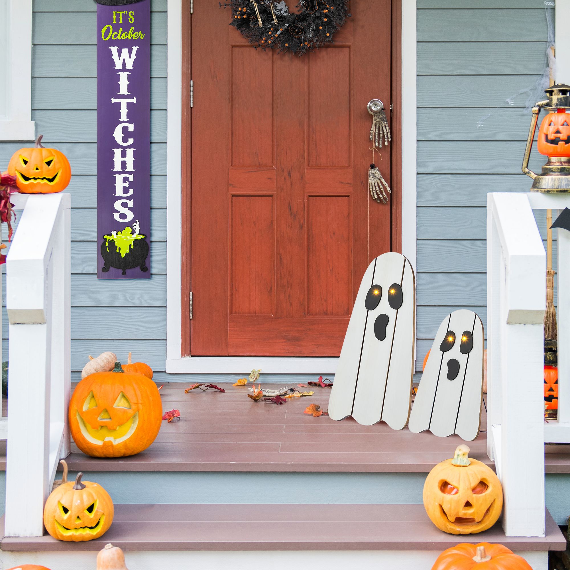 Glitzhome 24"H Halloween Lighted Wood Ghost Porch Decor, 2 pk.