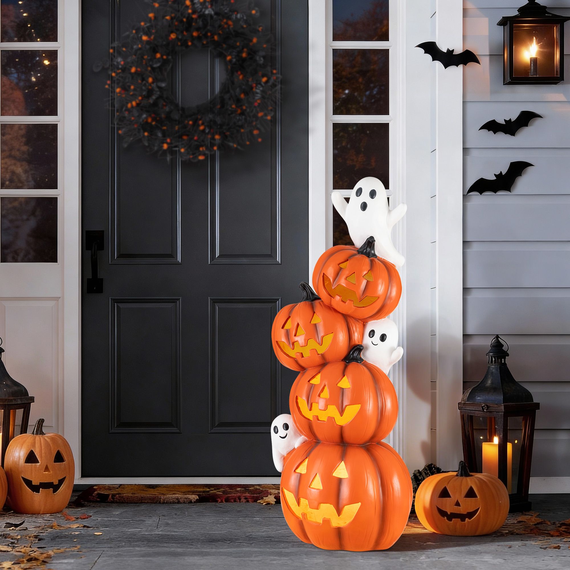 Glitzhome Halloween MGO Lighted Stacked Jack-O-Lantern & Ghost Porch Decor With Timer, 33.25"