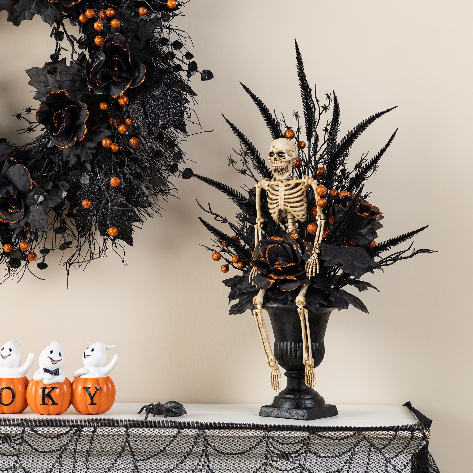Glitzhome Halloween Black Rose, Skeleton, and Berry Urn Table Tree, 22"