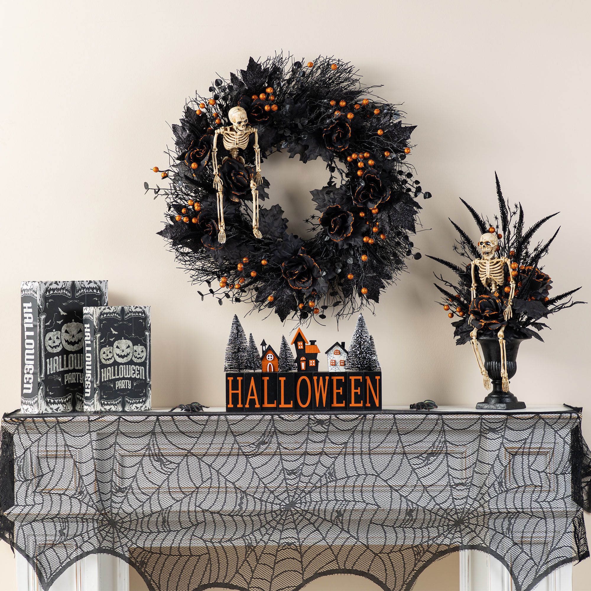 Glitzhome Halloween Black Rose, Skeleton and Berry Wreath, 24"