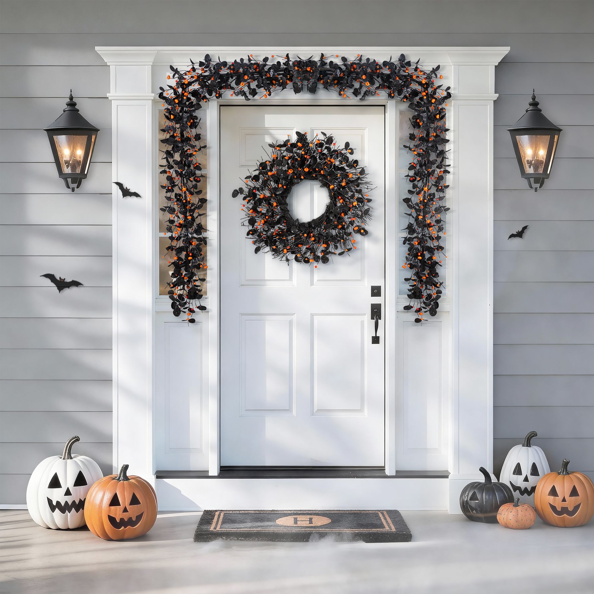 Glitzhome Halloween Eucalyptus Pumpkin Bat Wreath,  22"