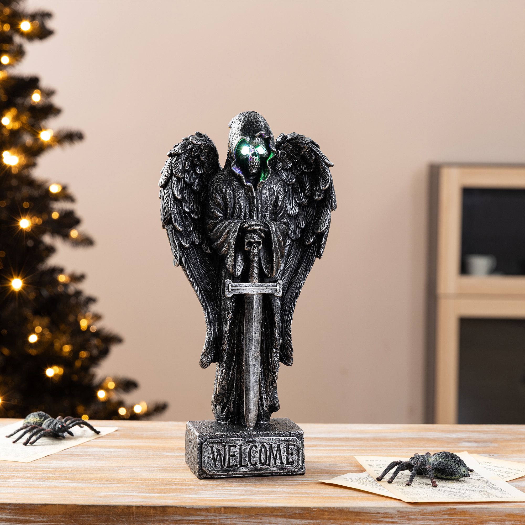 Glitzhome 12"H Halloween Lighted Resin Grim Reaper Table Decor with Timer
