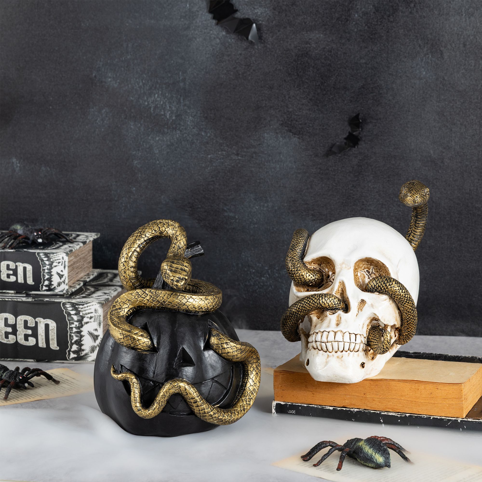 Glitzhome 7"H Halloween Polyresin JOL and Skull with Snake Table Decor